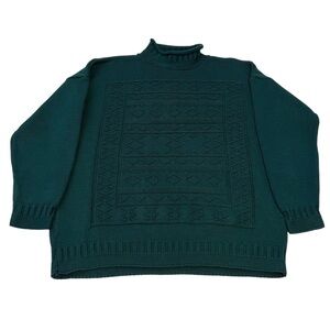 Vintage Forest Green Knit Sweater Mock Neck Geometric Pattern Made‎ in USA